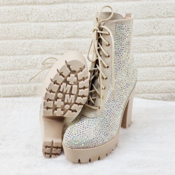 Elegant Beige Rhinestone Ankle Boots - Picture 2 of 14